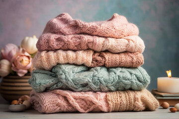 Fototapeta na wymiar Bright advertising photo, banner. Multi-colored knitted sweaters lying in a stack on a colorful background. Nice pastel colors, cozy clothes.