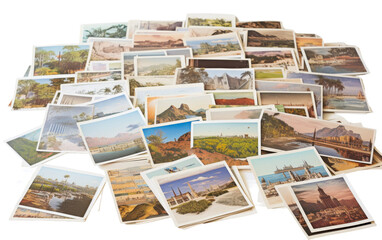 Fototapeta na wymiar Vintage Postcard Collection with Different Landmarks on white background