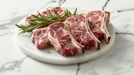 Fototapeta premium Raw lamb chops on a white plate garnished with rosemary, on marble.