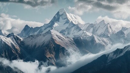 A panoramic view of snow-capped mountains. - obrazy, fototapety, plakaty