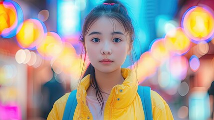 Fototapeta na wymiar Pensive young girl with colorful city lights background.