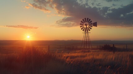 Sunset casts a warm glow over an old windmill standing gracefully in the field, a timeless symbol of rural tranquility © ArtBox