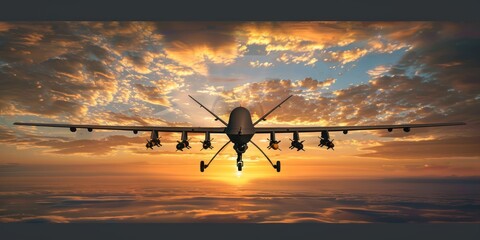 Military drone flying in the sky sunset