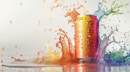 Beverage can with colorful liquid splashes against white.
