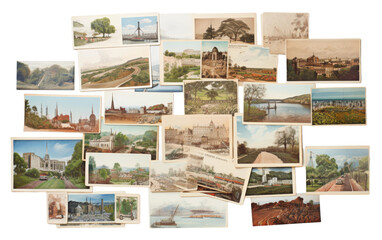 Fototapeta na wymiar Assorted Vintage Postcards Featuring Landmarks on white background