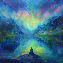 Meditator Absorbing the Ethereal Beauty of Auroral Lights Over a Mountain Lake, a Fusion of Art and Nature's Majesty