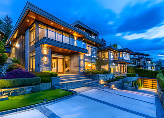 beautiful exterior of a large house at night, in the style of light white and gray