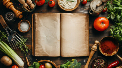 Top view of a blank cookbook with white pages surrounded by assorted vegetables, ingredients, and wooden kitchen utensils on the table, inviting creativity and culinary exploration - obrazy, fototapety, plakaty