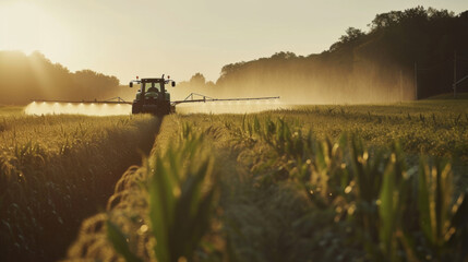Tractor spraying pesticides in soybean field - obrazy, fototapety, plakaty