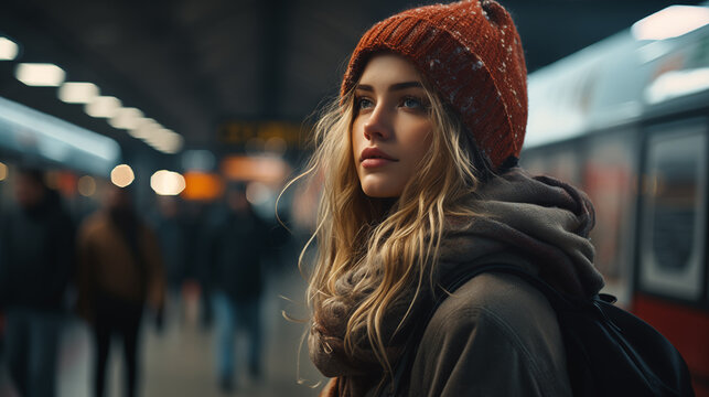 Young woman in winter attire waiting at a train station.