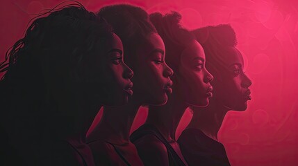 Artistic rendition of diverse women profiles in red hues.