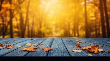 Naklejka na ściany i meble Autumn leaves on the wooden tabletop. Background