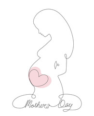 Happy Mother day card. Continuous one line drawing. Vector illustration. Editable stroke. Continuous line Pregnant woman International mother's day Simple hand drawn