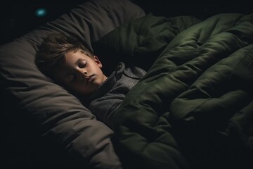 Child addicted to smartphone. sleepy, exhausted, and scrolling social networks in bed