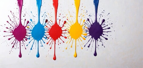 Splatters of primary and secondary colors create a dynamic dance on a white canvas, suggesting movement and rhythm. This abstract expression is both spontaneous and deliberate in its design.