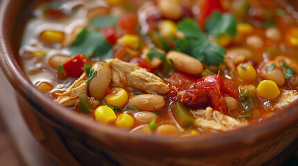 Hot homemade white bean chicken chili with peppers.