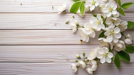 Spring background with white blossoms and white wooden table.  free space for text