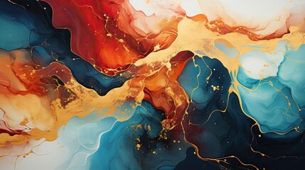 Modern, colorful curved background with red, blue and golden waves. AI generative