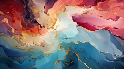 Modern, colorful curved background with red, blue and golden waves. AI generative
