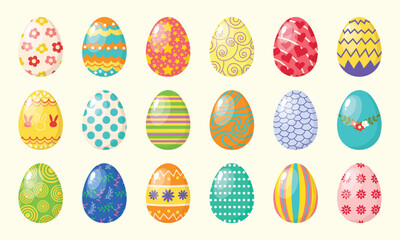 Easter eggs. Collection of Easter eggs with different spring, botanical, floral, cute colored patterns. Vector set isolated on white background.