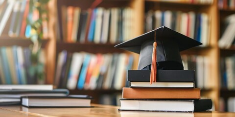 Graduate cap on the stack of books with library background, success learning 
