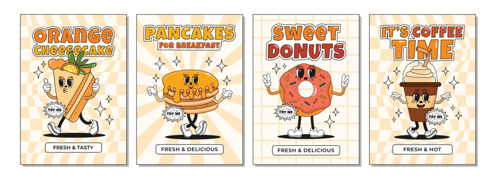 Collection of trendy posters, flyers, banners with cheesecake, pancakes, donut, coffee in groovy retro style. Sweet food poster set. Vector illustration with editable stroke for cafe and restaurant.
