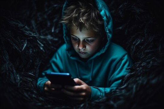 Exhausted child addicted to smartphone, struggling to sleep in dark bed at night