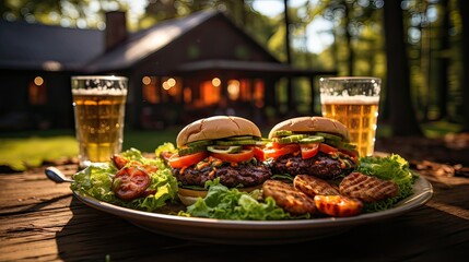 A burger with meat and vegetables sits on a table against a backdrop of the forest.