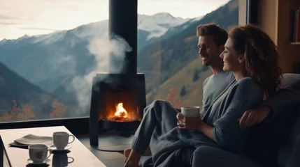 Rolgordijnen A happy young couple, a family with cups of coffee, tea, relaxing by the fireplace overlooking the mountains. Horizontal Banner, Nature, Travel, Lifestyle, Summer, Copy Space. © liliyabatyrova