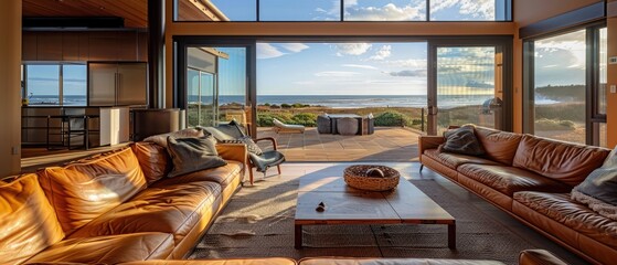 Luxury family room with rich leather couch, armchair and beach view