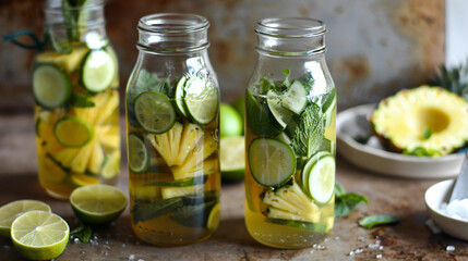 Infused detox water with pineapple, lime, and mint. - obrazy, fototapety, plakaty