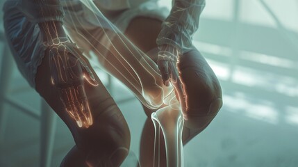 easing joint and knee pain with massaging therapy for leg trauma or arthritis in augmented reality animation - obrazy, fototapety, plakaty