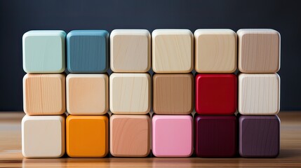 Fototapeta premium Colorful wooden cubes arranged in a stack on top of one another.