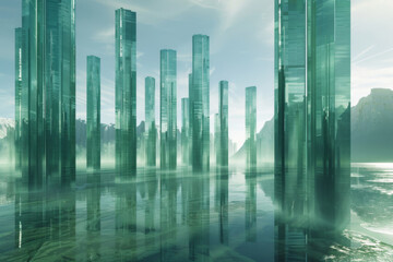 A series of tall glass pillars in the water.