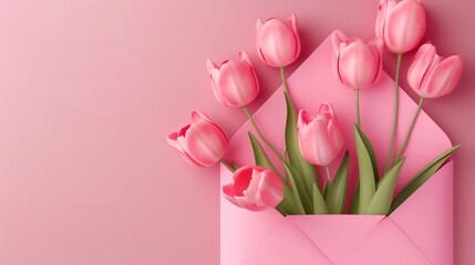 Greeting concept. A set of delicate pink tulips emerging from an open envelope on a matching pink background, symbolizing a special occasion or heartfelt sentiment.