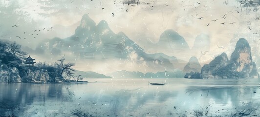 Oriental landscape painting. A serene lake reflects the silhouettes of majestic mountains and a traditional pavilion, with a boat gently floating and birds in flight