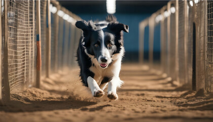 A border collie participating in an agility course, swiftly navigating through tunnels