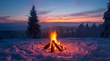 Winter landscape at twilight. A campfire burns brightly against the snow, with evergreen trees and a softly colored sky in the background, creating a serene and cozy atmosphere.