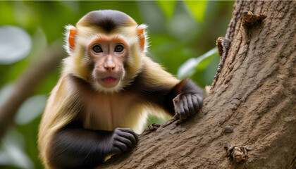 A capuchin monkey using a tool to extract insects from tree bark