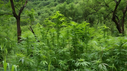 Obraz premium Natural Cannabis Bushes Thriving Amongst Verdant Greenery in the Wild