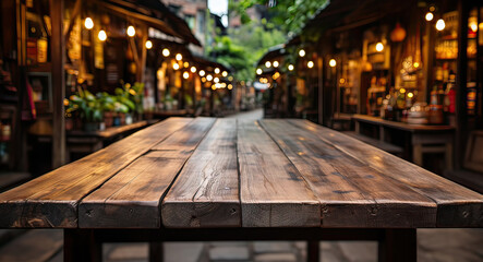 Wooden table against the backdrop of the old city. - obrazy, fototapety, plakaty