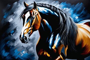 Fototapeta na wymiar Ölgemälde eines Pferdes auf Leinwand. Gold, Schwarz, Blau, Rot und Grau. 