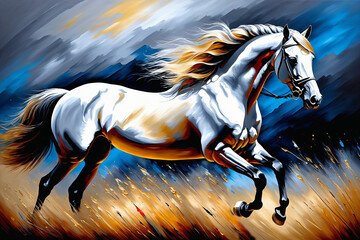 Ölgemälde eines Pferdes auf Leinwand. Gold, Schwarz, Blau, Rot und Grau. 