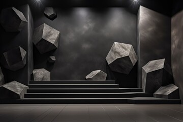 Black geometric stone background for display showcase with spotlights illumination