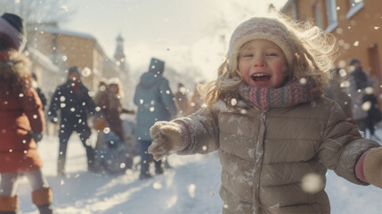 Happy kids are playing in snow and having fun