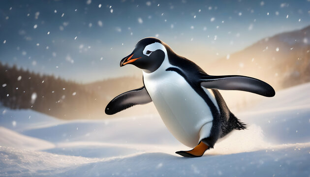 A carefree penguin sliding down an icy slope