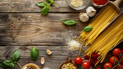 Italian food ingredients on wooden background.