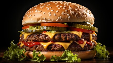 Hamburger with meat, cheese and vegetables