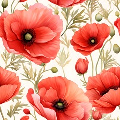 Watercolor seamless pattern with poppy flowers. Floral background. Design for wallpapers with wild flowers.