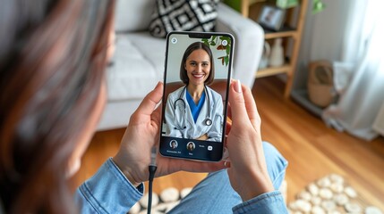 female has video call with her female family doctor on smartphone from living room ill feeling woman making a call from home with physician over the internet